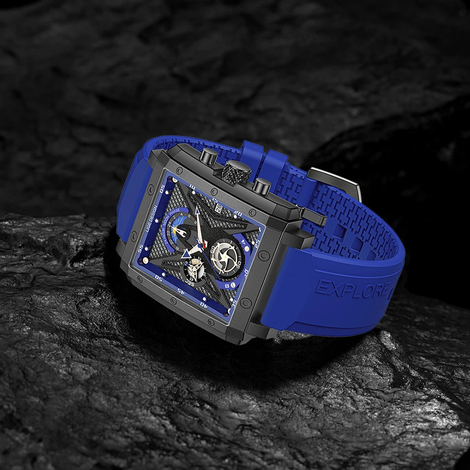 LIGE New Fashion Mens Watches Top Brand Luxury Silicone Quartz Watch For Men Waterproof Chronograph 24 Hour Moon Phase Clock+Box