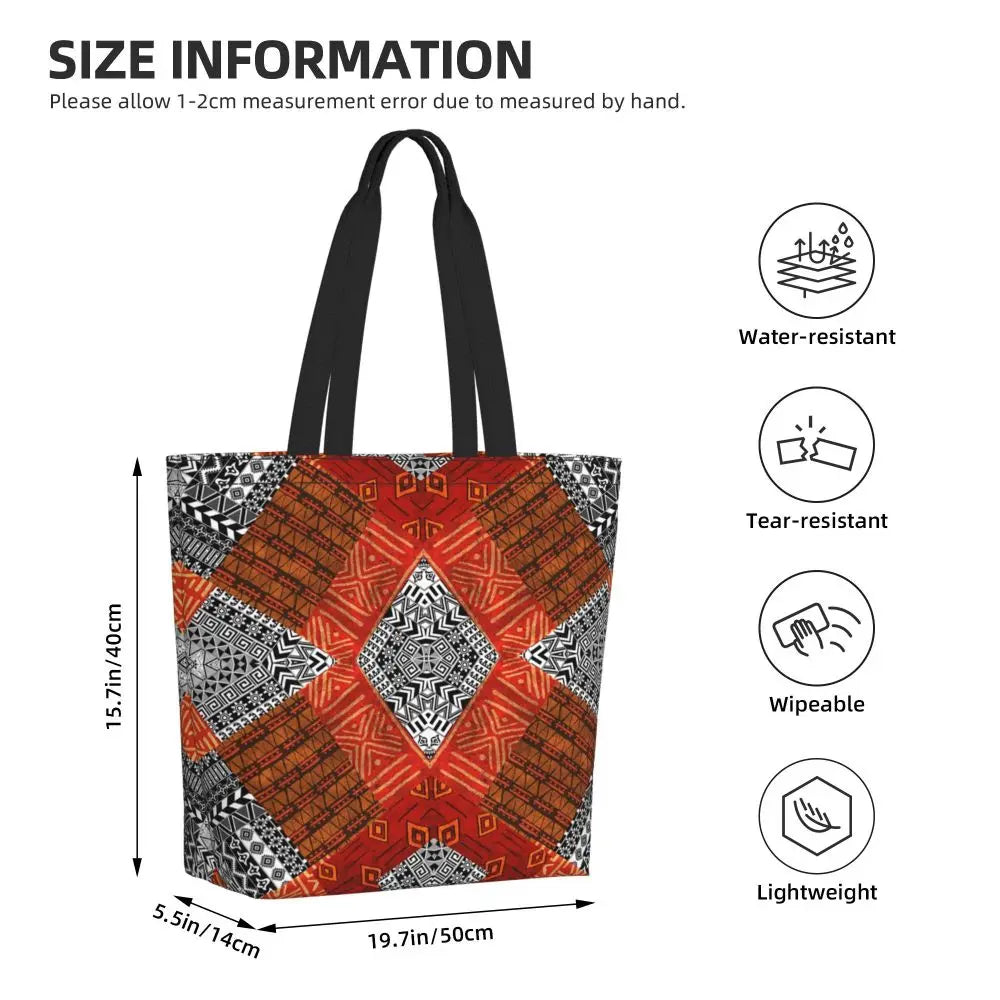 African Ankara Prints Grocery Shopping Tote Bags Women Geometric Ethnic Art Canvas Shoulder Shopper Bags Big Capacity Handbag