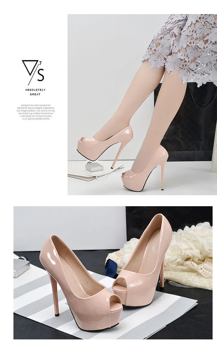Women Pumps Sexy Platform Peep Toe Shoes 14cm Thin High Heels Stiletto Patent Leather Fashion Party Nighclub Wedding Dress Shoes