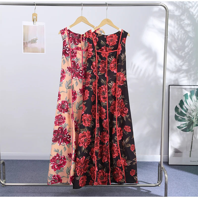 Sexy Printed Flower Long Women's Dress Sleeveless Waist-Closed Slash Neck Lady Dresses Summer Sling Vacation Holiday Robe