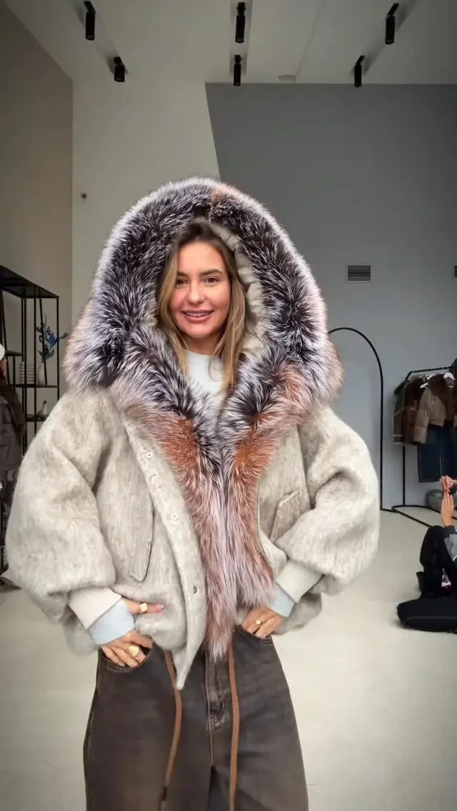 Chic Faux Fur Collar Patchwork Woolen Coat Women Casual Lapel Full Sleeve Zipper Loose Warm Coats Lady Commute Office Outerwears