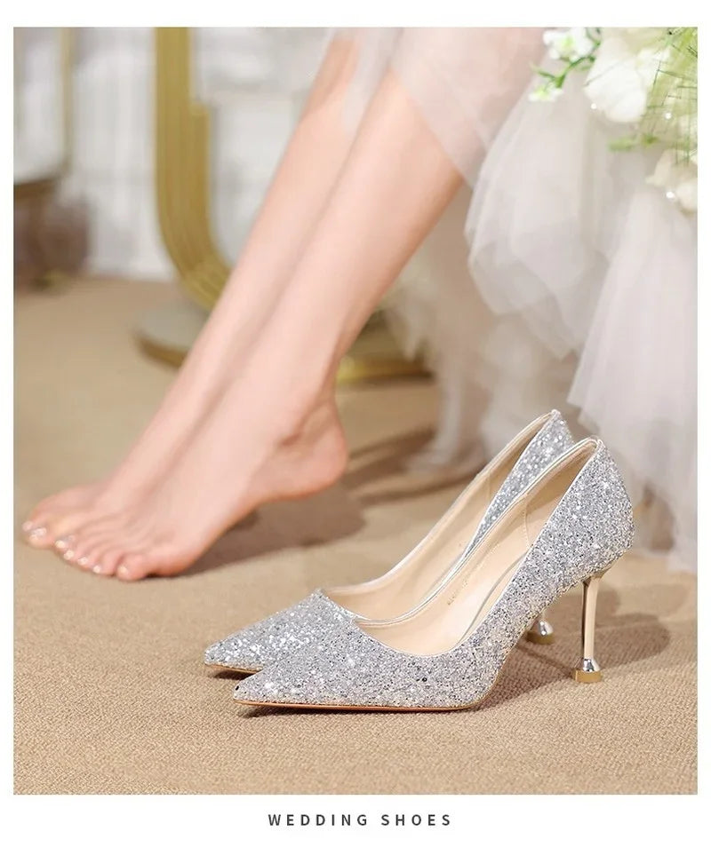 2025 New Women Pumps High Heel Metal Pointed Toe Shallow Sexy Ladies Bling Bridal Wedding Women Shoes White High Heels