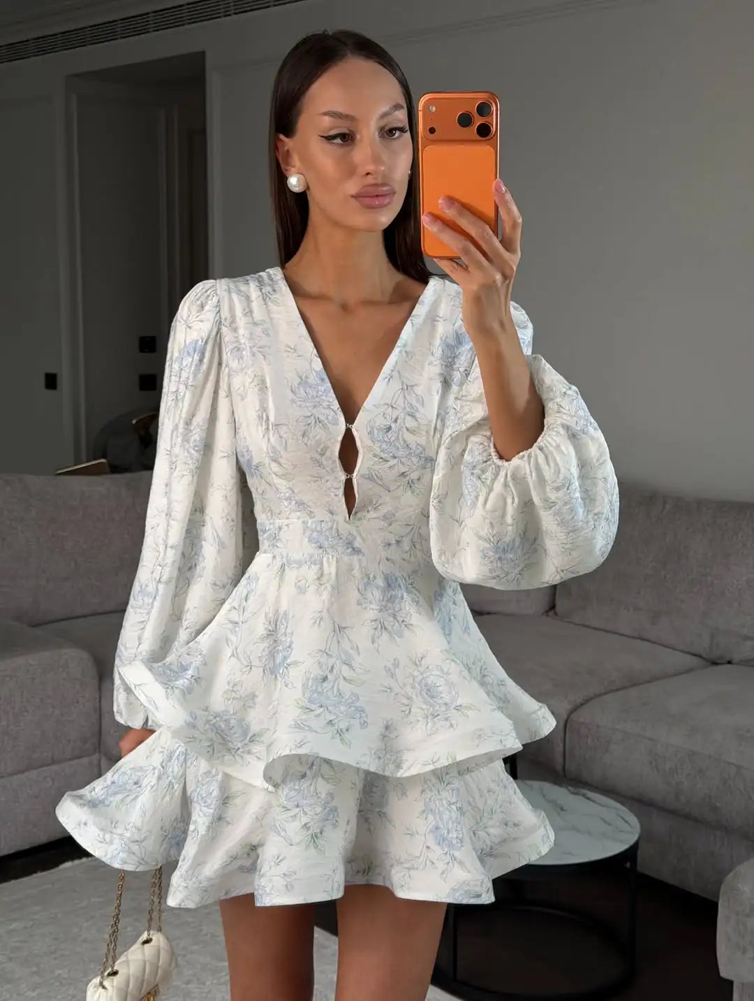 Elegant Floral Printed Waist-cinched Mini Dress Women Pleated Deep V-neck Long Sleeve Button-front Dresses Fashion Party Robe