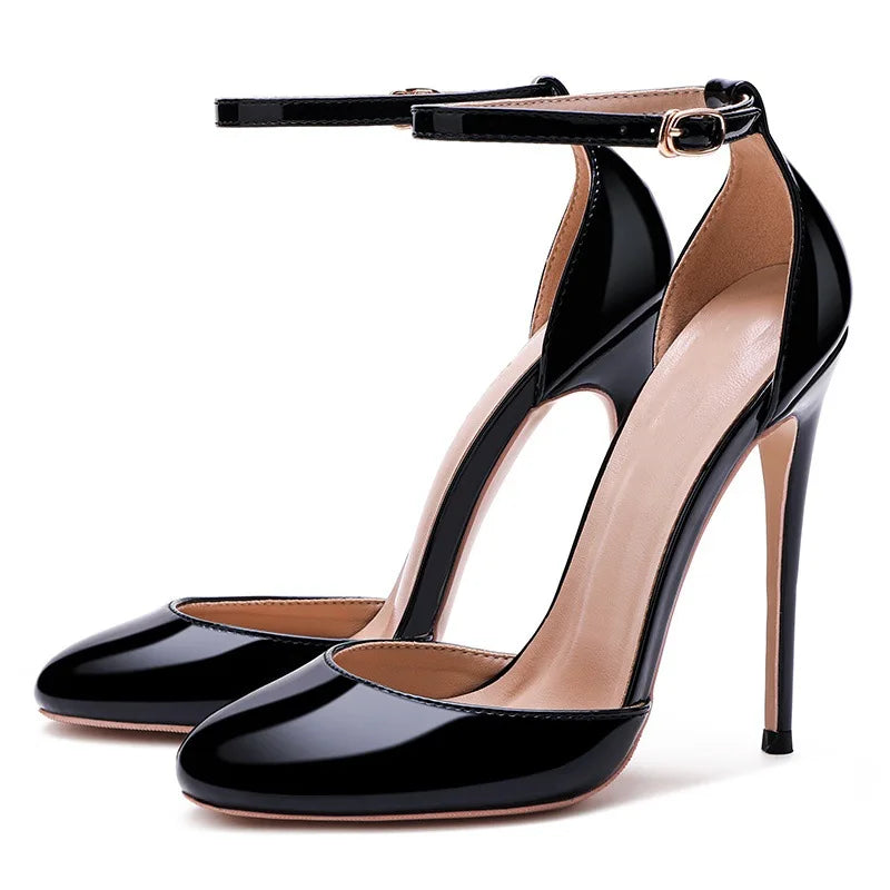 Black Patent Leather Women Ankle Strap Stiletto Pumps 10cm 12cm Professional High Heels Pointed Toe Sexy Summer Buckle Sandals