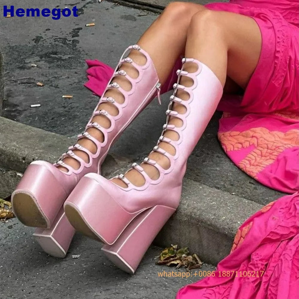 Patent Leather Belt Buckle Sexy Boots Platform Party Zip Summer Fashion Women Lolita Boot Hollow Street Punk Thick High Heels