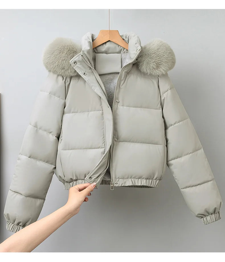 Short Coats Women Parkas Hooded Fur Collar Jackets Thick Warm Y2k Streetwear Elegant Jacket Work Coat Autumn Winter 2025