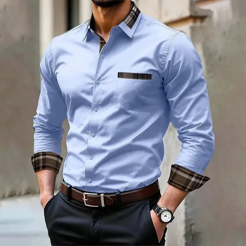 Men's pocket casual formal shirt, available in 12 colors, stylish and comfortable long sleeved shirt, suitable for weddings and