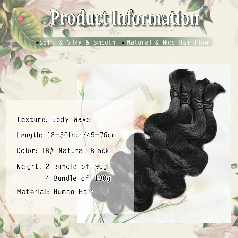 12A Body Wave Bulk Human Hair No Weft Unprocessed Virgin Remy Hair Soft Bouncy For Boho Braids DIY Styling Natural Black Raw Hair Extension 55g/1pack