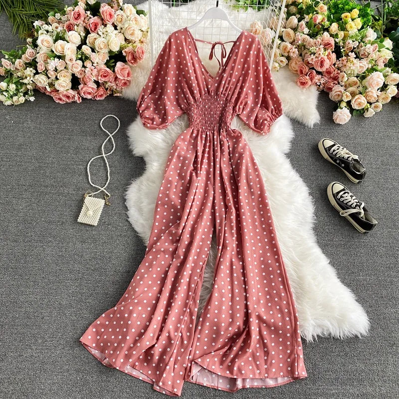 V Neck Sexy Dolman Sleeves Waist Slim Floral Print Jumpsuit Women Wide Leg Trousers Jumpsuit