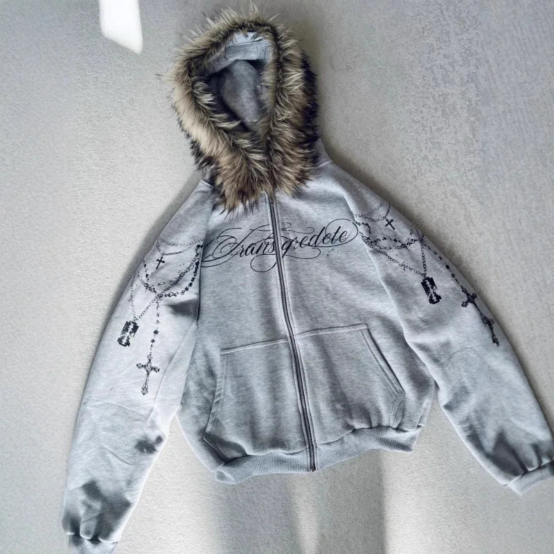 European And American High Street Printed Zipper Hoodie Loose Fit Sweatshirt