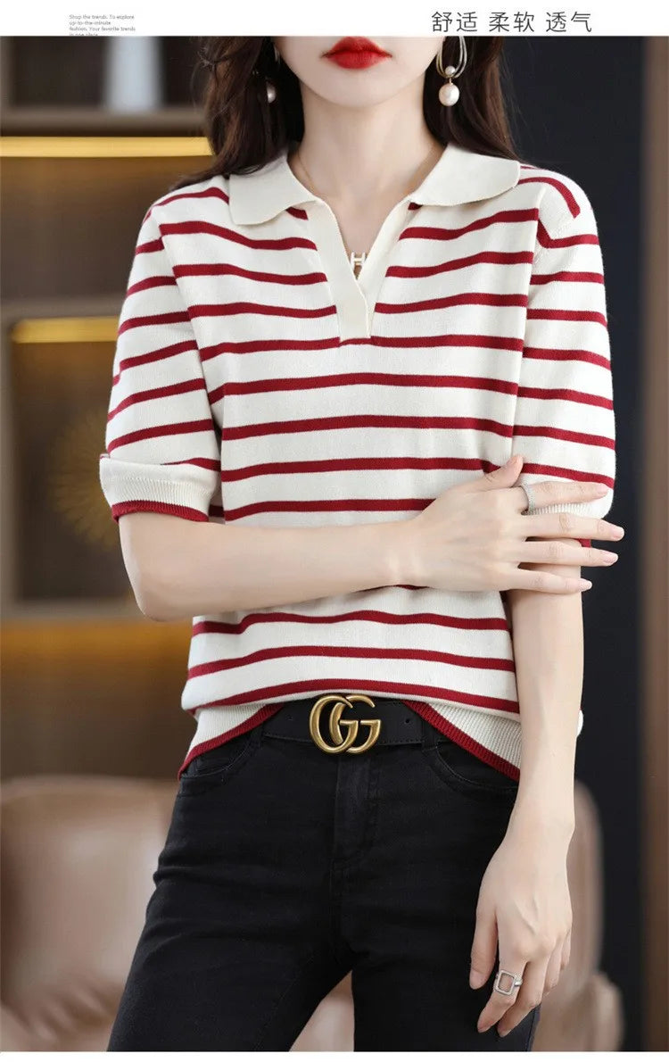 WinvyNee Summer Short Sleeved Women's Solid Polo Shirt Casual Cotton Striped Top T-shirt Women Clothing Casual Knitted A1002001