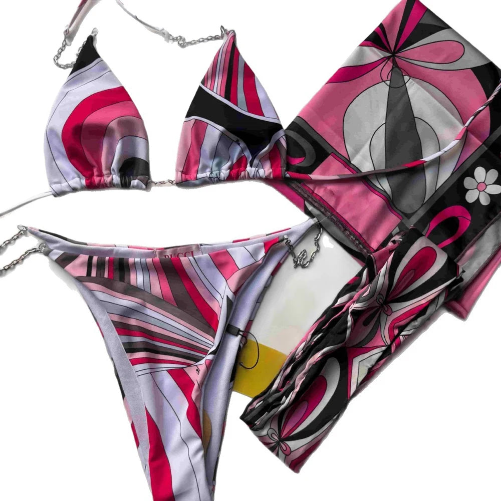 Hot Sales Latest Fashion Luxury 3 Pieces Swimsuit With Headband Beach Scarfs 2026 Summer Sexy Women Bikini Designer Swimwear