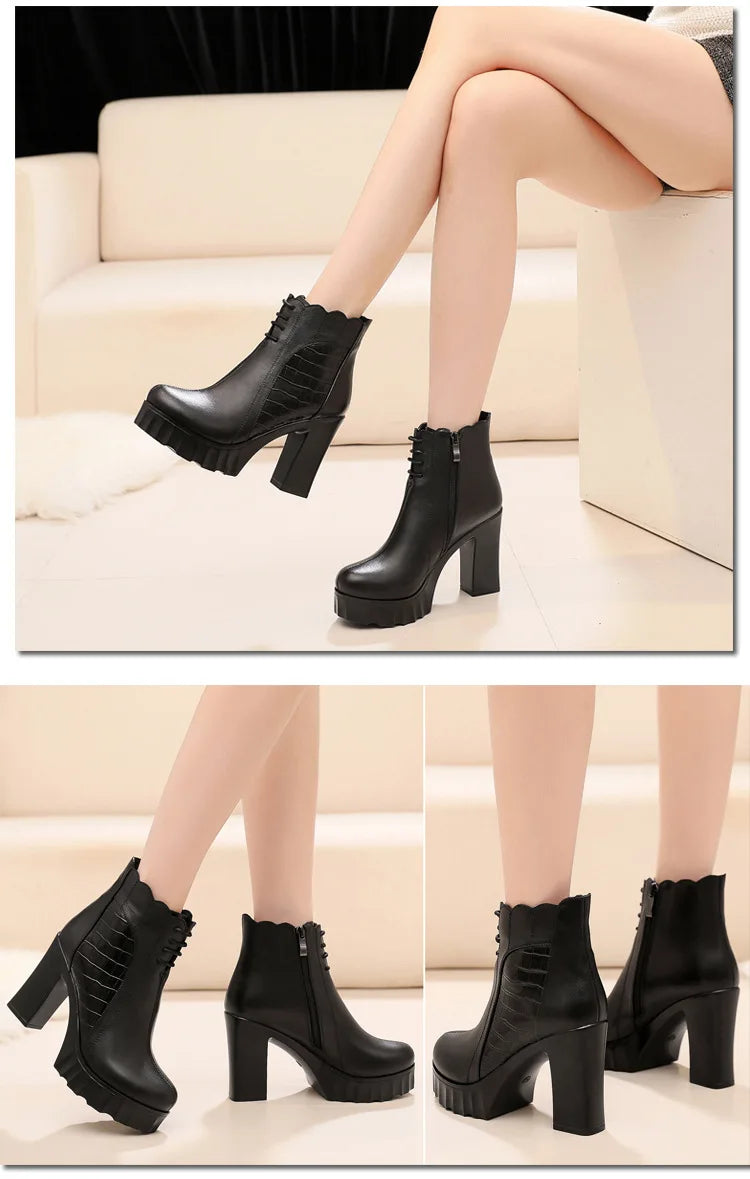 10cm Small Size 32-43 Elegant Fashion Soft Leather Boots Women Platform Shoes 2025 Winter Block High Heels Ankle Boots Office