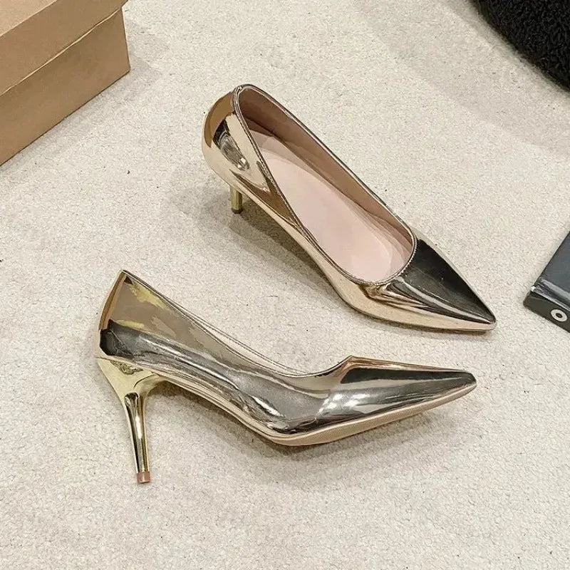 Soft Leather Sliver Gold High Heels 8/10cm Shoe Fashion Women Pumps Pointed Toe Slip-on Office Woman Wedding Shoes Large Size 43