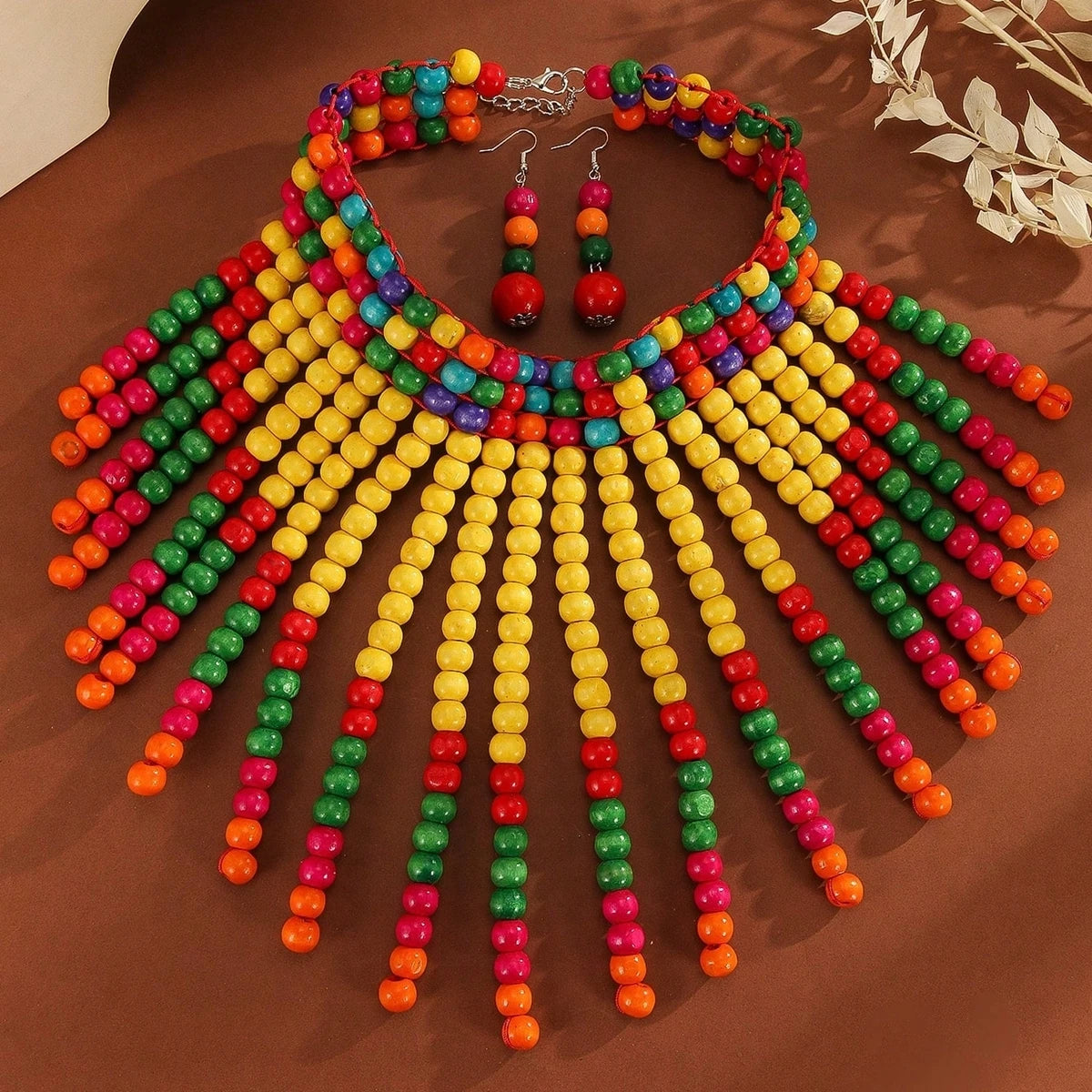 African Ethnic Colorful Wooden Bead Handmade Woven Bib Necklace And Earring Jewelry Set For Women's Vacation Accessories