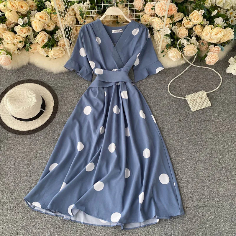 YuooMuoo Chic Polka Dot Print Women Dress Summer Vintage Swing Midi Party Dress