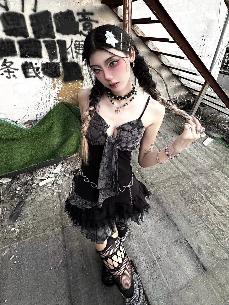 Sexy A-line Short Dress Girl Streetwear Punk Hotsweet City Goth Clothing Y2K Summer Coquette Top 2000s Party Skirt Sling Dresses