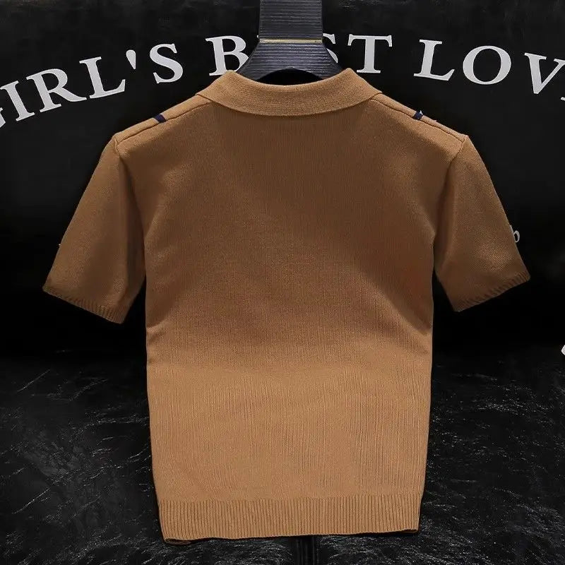 High-end Short-sleeved Men's British Retro Striped Slim Lapel Knitted Contrasting T-shirt 1/2 Pieces