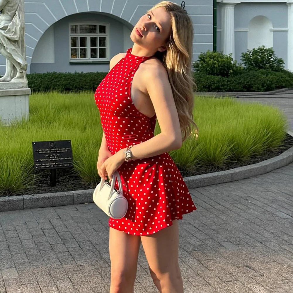 Talenza Polka Dot Mini Dress For Women Summer Off Shoulder Sleeveless Backless Halter Dress Female Elegant Party Slim Dress 2025