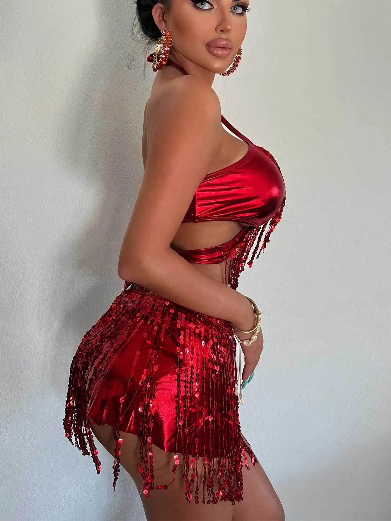 Swimwears Sexy Bikinis Set Camisole Deep V Neck Solid Shorts Summer Beach Style Slight Strech High Waist Sequins 2025 Slim