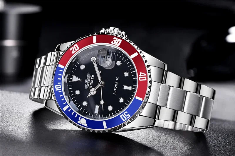 Classic Mechanical Watches Luxury Brand Business Automatic Watch for Men Rotatable Bezel Luminous Dial Steel Strap Clock