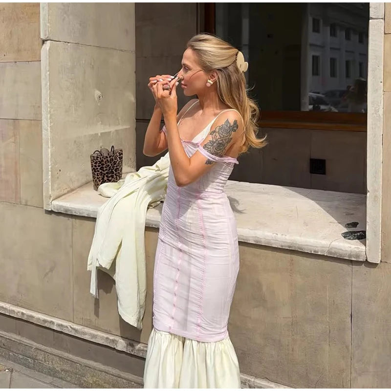 Women Sheer Mesh Overlay Midi Dress Waist Cinched Sleeveless Spaghetti Strap 2026 Summer Accessories Trendy Classy Lady Outfits