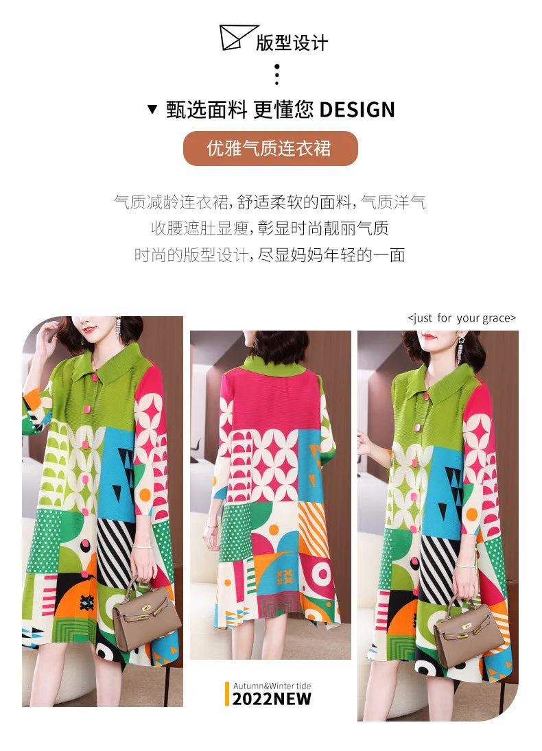 Miyake Pleated Dress Women 2024 Spring New High-End Design Sense Printing Lapel 3/4 Sleeve Single-breasted Fashion Shirt Dresses