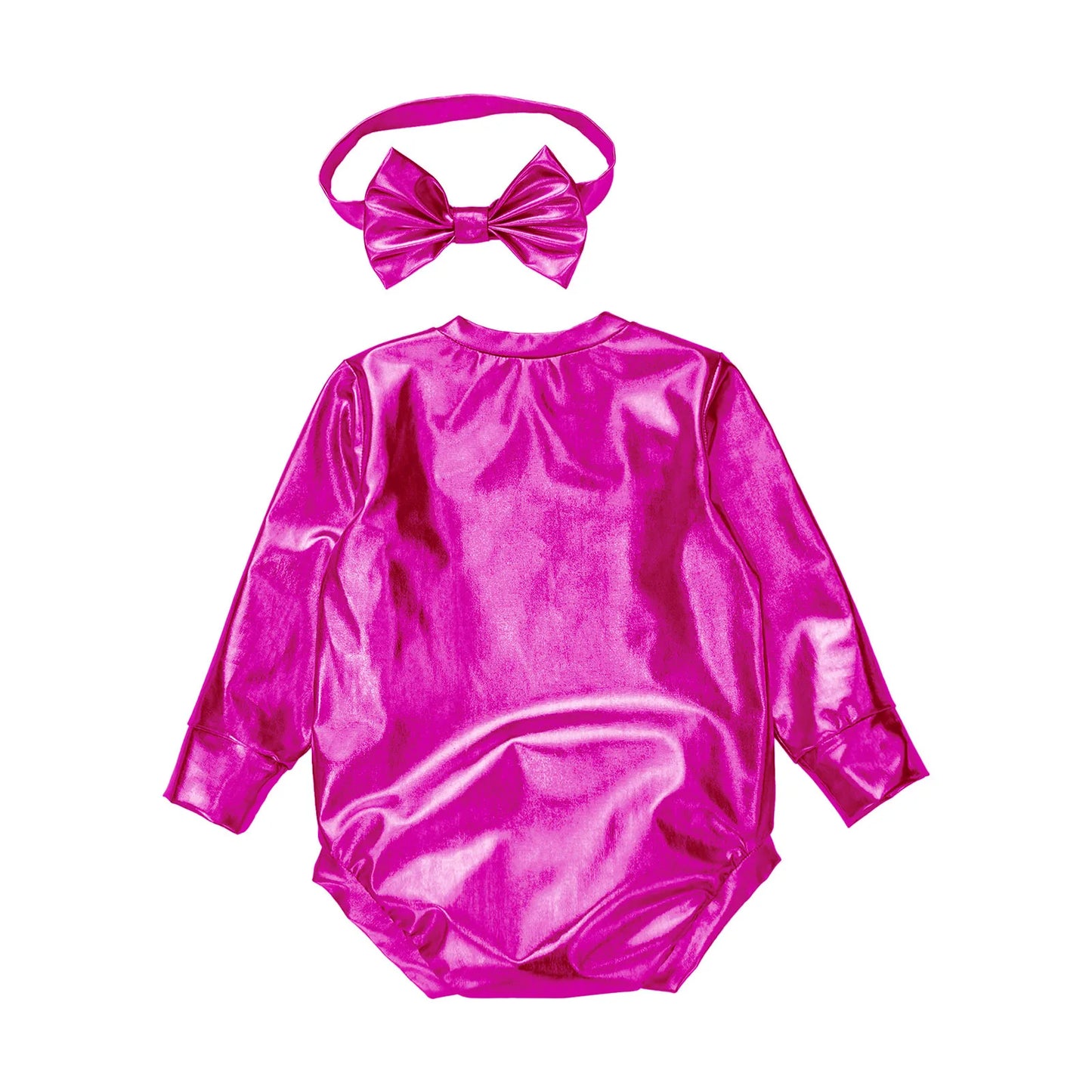 Baby Girls Long Sleeve Metallic Shiny Buttons Crotch Romper with Bow Headband Birthday Theme Party Photography Outfit Daily Wear