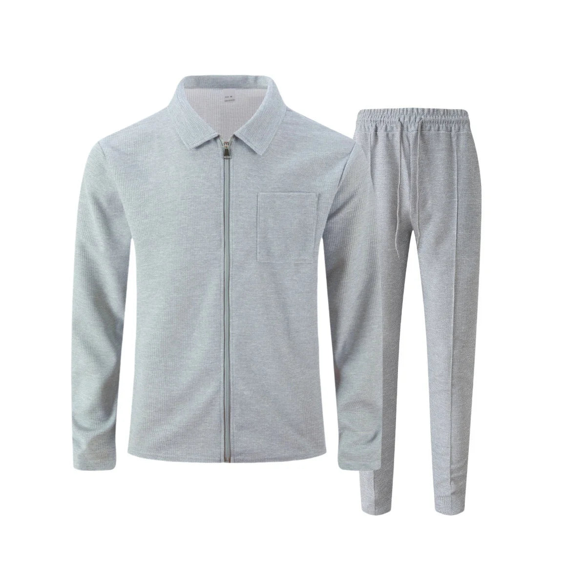 Mens Casual 2 Piece Set Waffle Texture Zip Up Jacket + Elastic Waist Trousers Comfortable Lightweight Suit for All