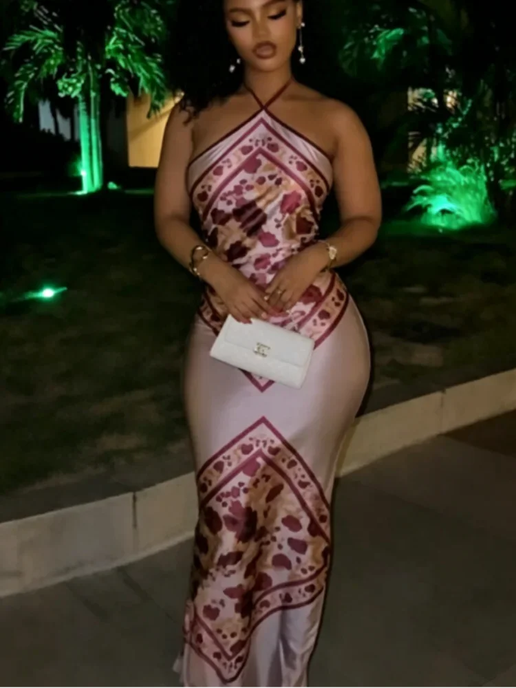 Chic Elegant Satin Dress Floral Print Slim Bodycon Women Dresses Evening Party Wedding Guest Summer Streetwear