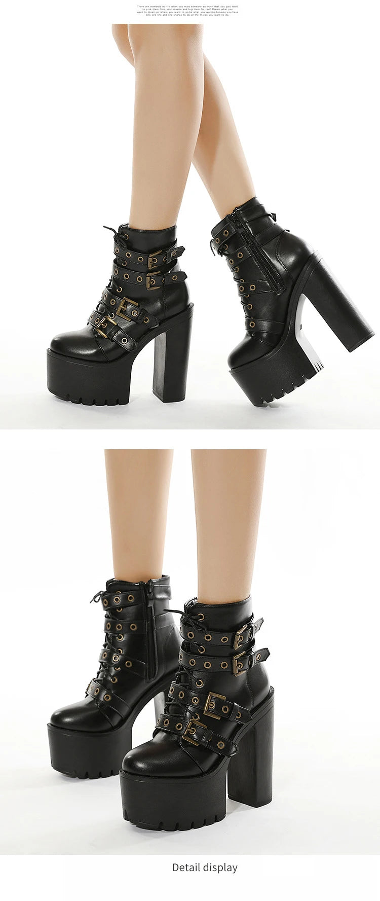 Zip Up Platform Ankle Boots High Heels Round Head Black Leather Goth Studded New Rock Combat Punk Women Shoes On Offer