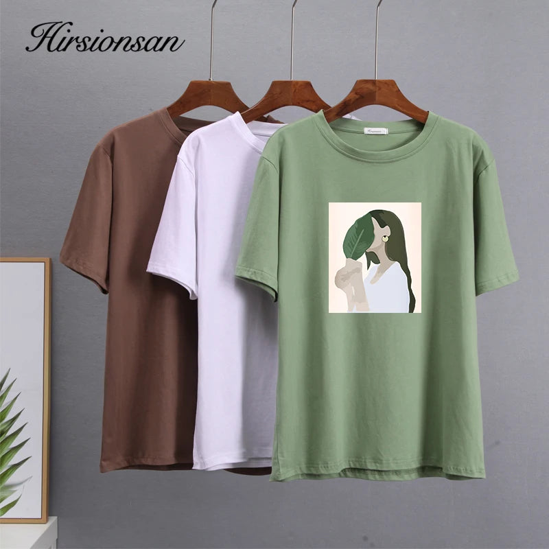 Hirsionsan Harajuku Printed T Shirt Women 2023 Summer Chic Tees 100% Cotton Elegant Graphic Clothes Loose Casual Pullover Tops