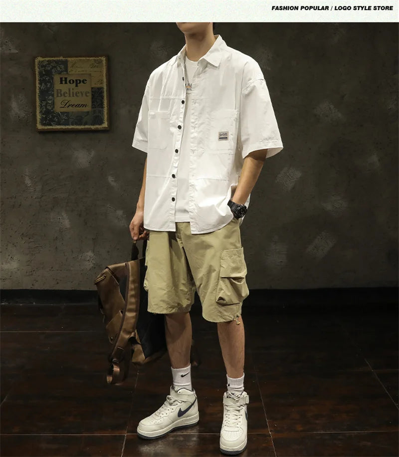 American Casual Short Sleeve Shirt For Men Summer Fashion Comfortable T-shirt 2026 New High Street Plain Lapel blouses hombre