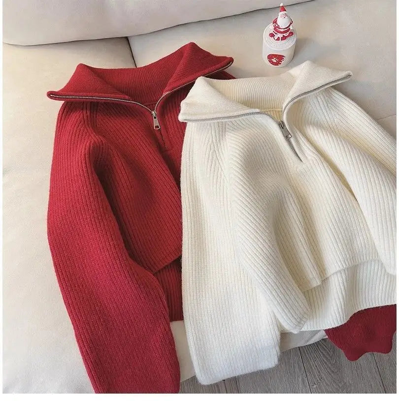 2024 Autumn New Korean Style Versatile Basics Half-zipper Loose Lapel Winter Long-sleeved Lazy Sweater Pullover Top