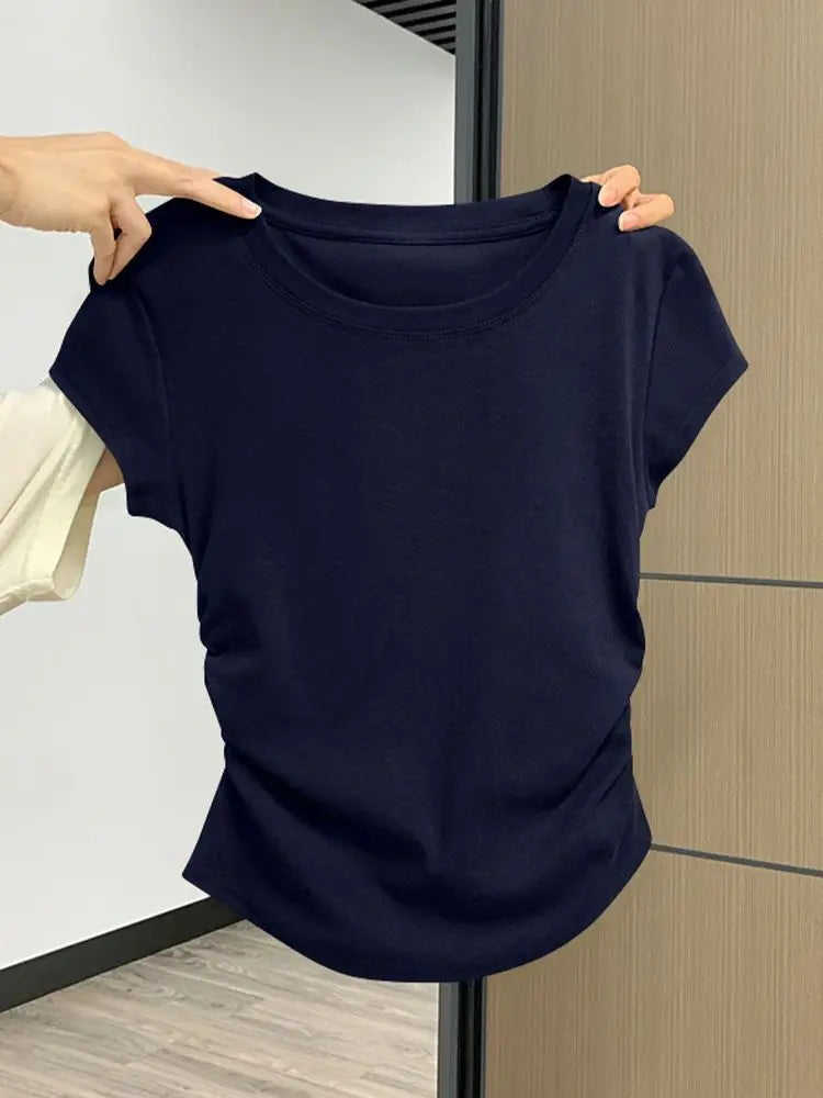 Women Summer Short Sleeve Top Slim Fit Round Neck Tee Breathable Casual