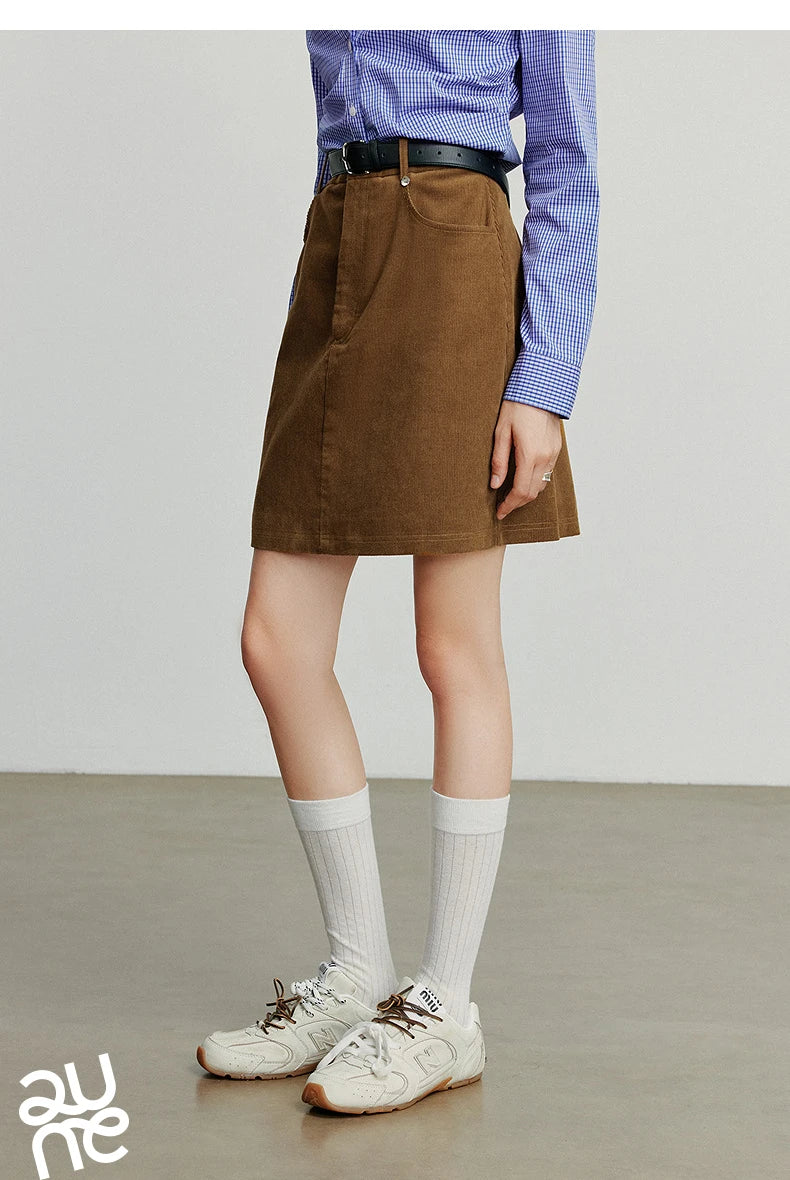 TOYOUTH Women Midi Skirt 2025 Autumn New Retro Corduroy Elastic Waist Pure Cotton A Line Mini Skirt