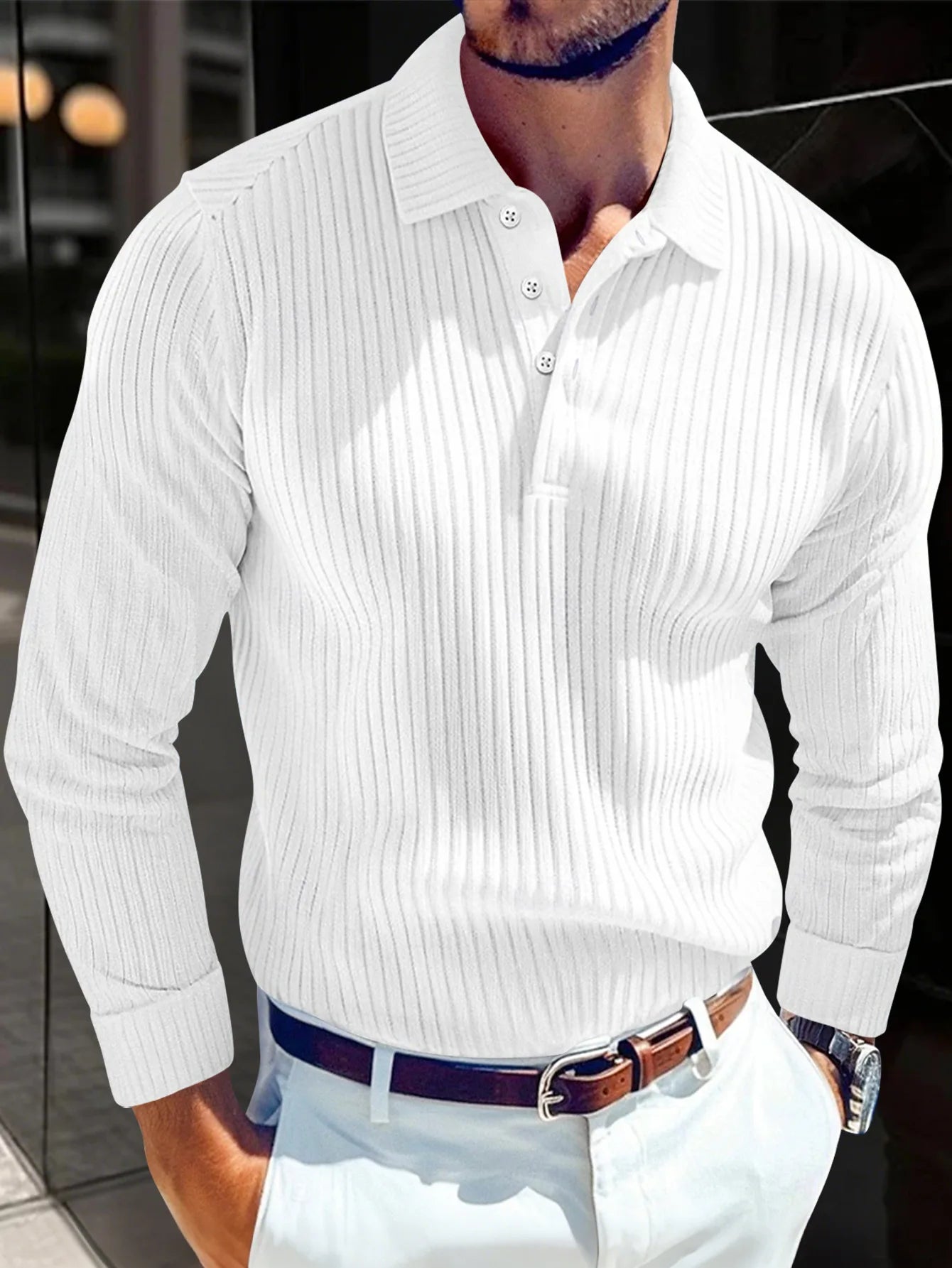 2025 Spring and Autumn New Men Solid Color Striped Button Knitted Collar Long Sleeve Top Business Casual Breathable Polo Shirt