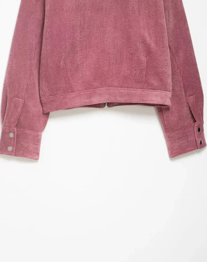 Women Pu Leather Collar Pink Cropped Jacket Corduroy Fashion Long Sleeve Zipper Coat 2026 New Lady Spring Chic Street Outwear