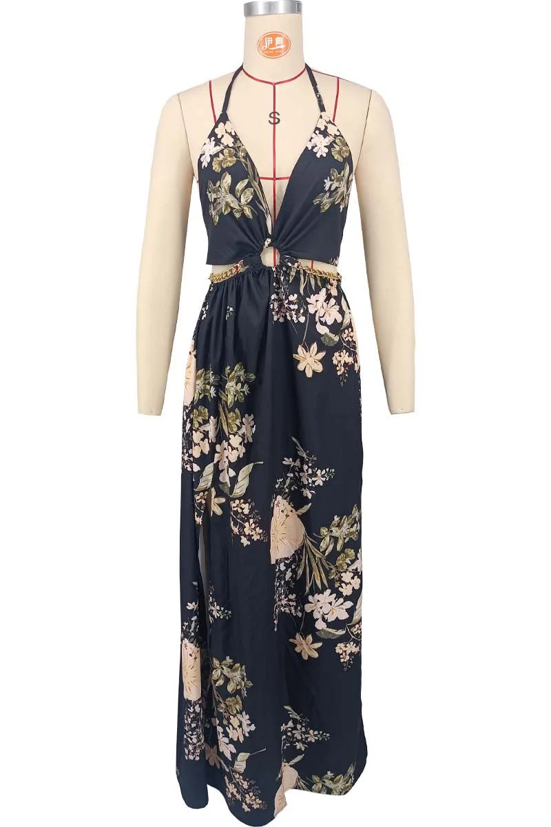 CM.YAYA Elegant Women Floral Halter V-neck Backless Cut Out Waist Chain Sleeveless High Side Split Fit Flare Maxi Long Dresses