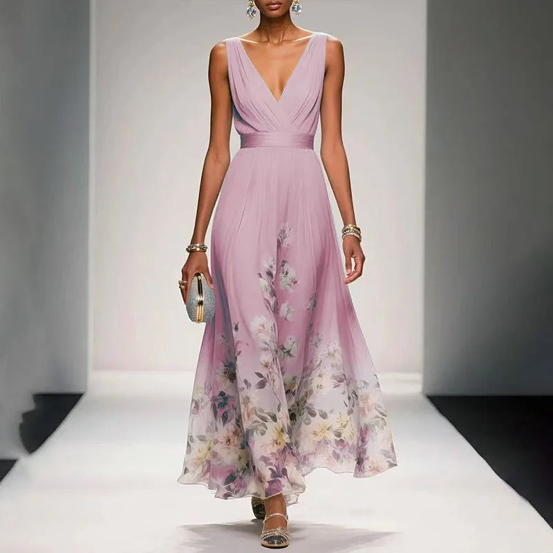 New Fashion Party Dresses Summer Women's Sexy Deep V Neck Floral Print Ruffle Sleeveless High Waist A Line Beach Dress Vestidos