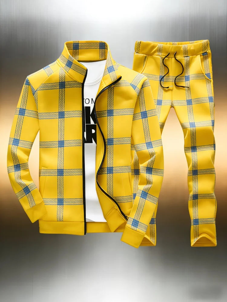 Men's Plaid Tracksuit 2 Piece Set Office Man Stand Collar Full Zip Jacket + Jogger Pants Casual Sportswear Outfit Male Clothings