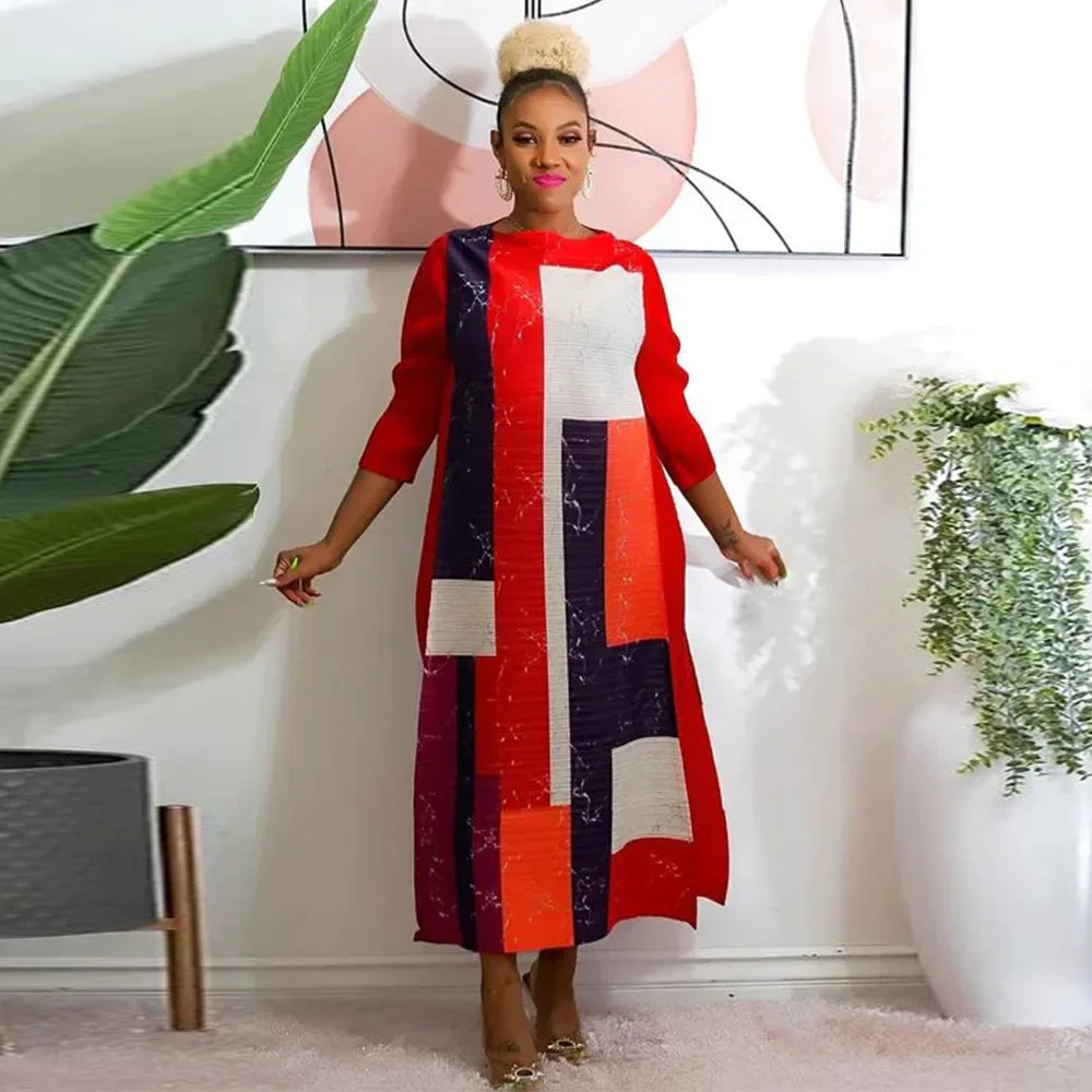 African Dresses for Women Summer Fashion Style African 3/4 Sleeve Polyester O-neck Pleated Dress Dashiki African Clothes Women
