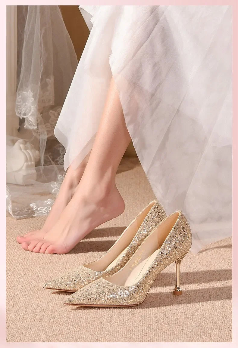 2025 New Women Pumps High Heel Metal Pointed Toe Shallow Sexy Ladies Bling Bridal Wedding Women Shoes White High Heels