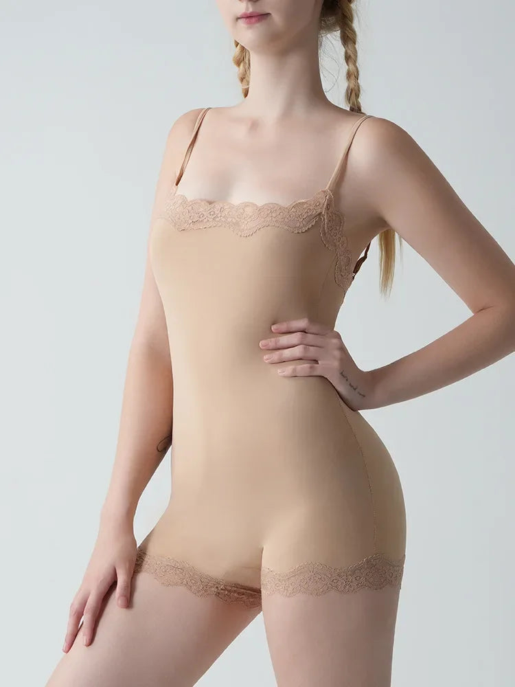 Square Neck Spaghetti Strap Bodysuits Lace Trim Women Sleeveless Slimming Bodycon Jumpsuit Romper