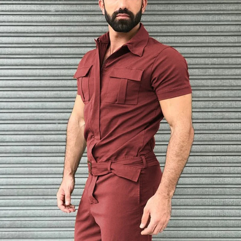 Multi-pocket Overalls Men's Jumpsuits Short Sleeves Trousers Suits Zippered Jumpsuits Men's Overalls Belted Jumpsuits