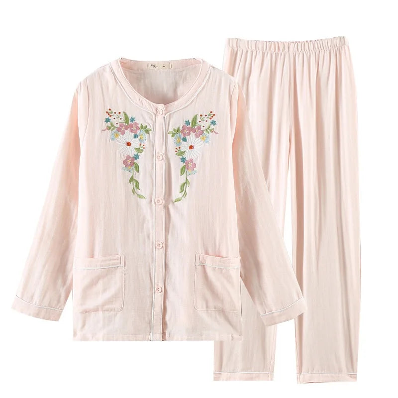Women 100%Cotton Pajama Style Sleepwear Nightwear embroidery Summer Women's Short Sleeved Long Pants Cardigan Pajama Set