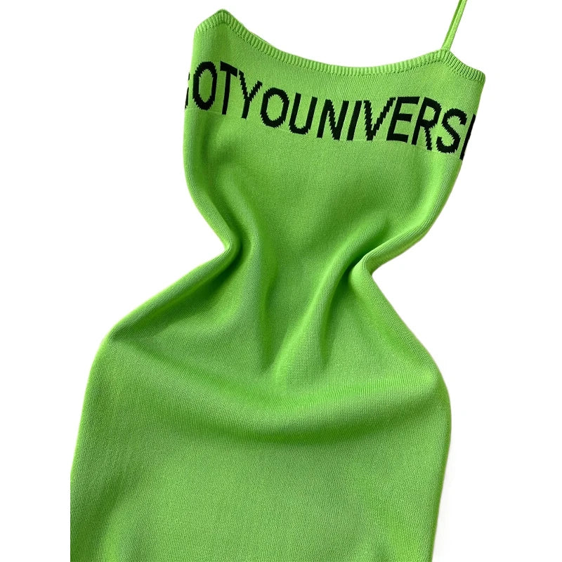 Women's Green Spaghetti Strap Letter Print Sundress Stretchy Ribbed Knit Bodycon Mini Dress Casual Party Clubwear Dress Outfits