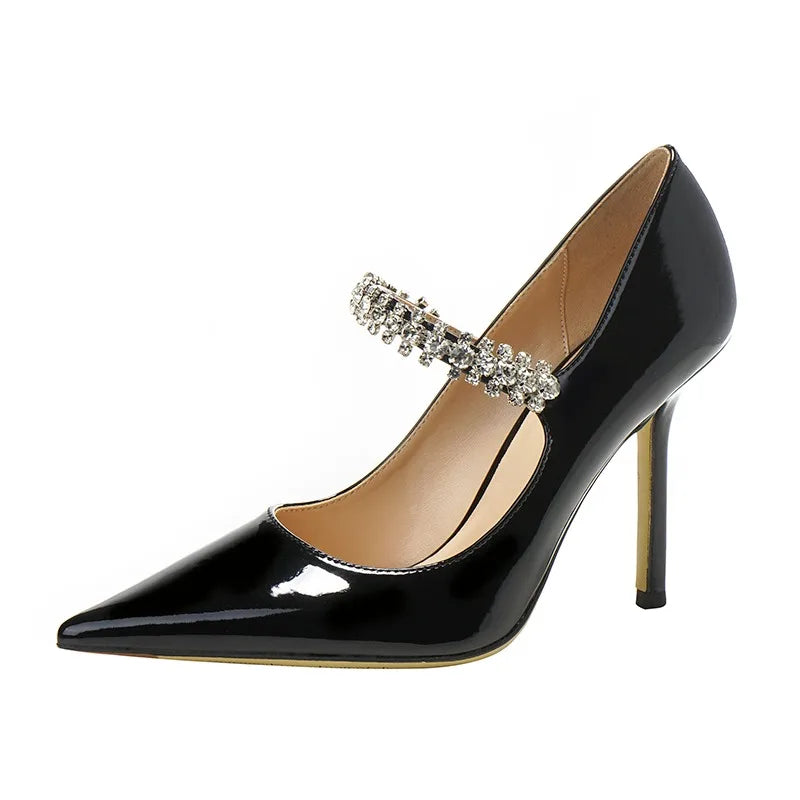 Spring 2025 New French Rhinestone Pointed White High Heels Temperament Patent Leather Shoes Women Wedding Pumps