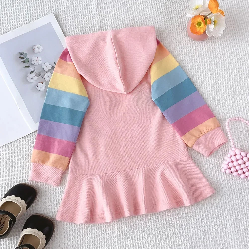 Autumn Rainbow Dress Baby Girls Party Princess Dress Korean Version Long Sleeves Kids Clothes Casual Hooded Sweatshirt Outfits