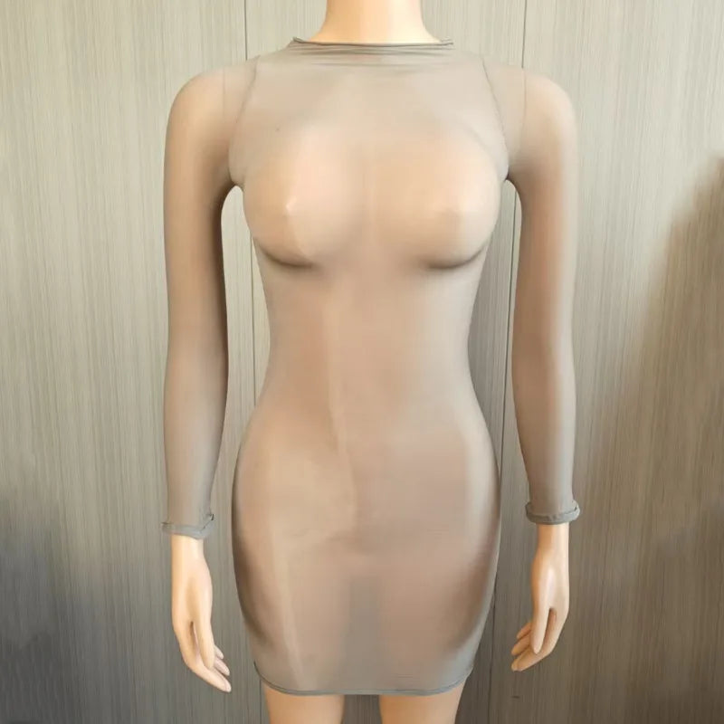 Sexy Ultra-Elastic Perspective Thin Long Sleeved Dress Dress Self-cultivation Women Clothing Tight-fitting Multiple Styles Dress